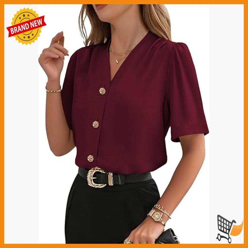 Short Sleeve Button Down Blouse Loose Fit V-Neck Summer Work Top